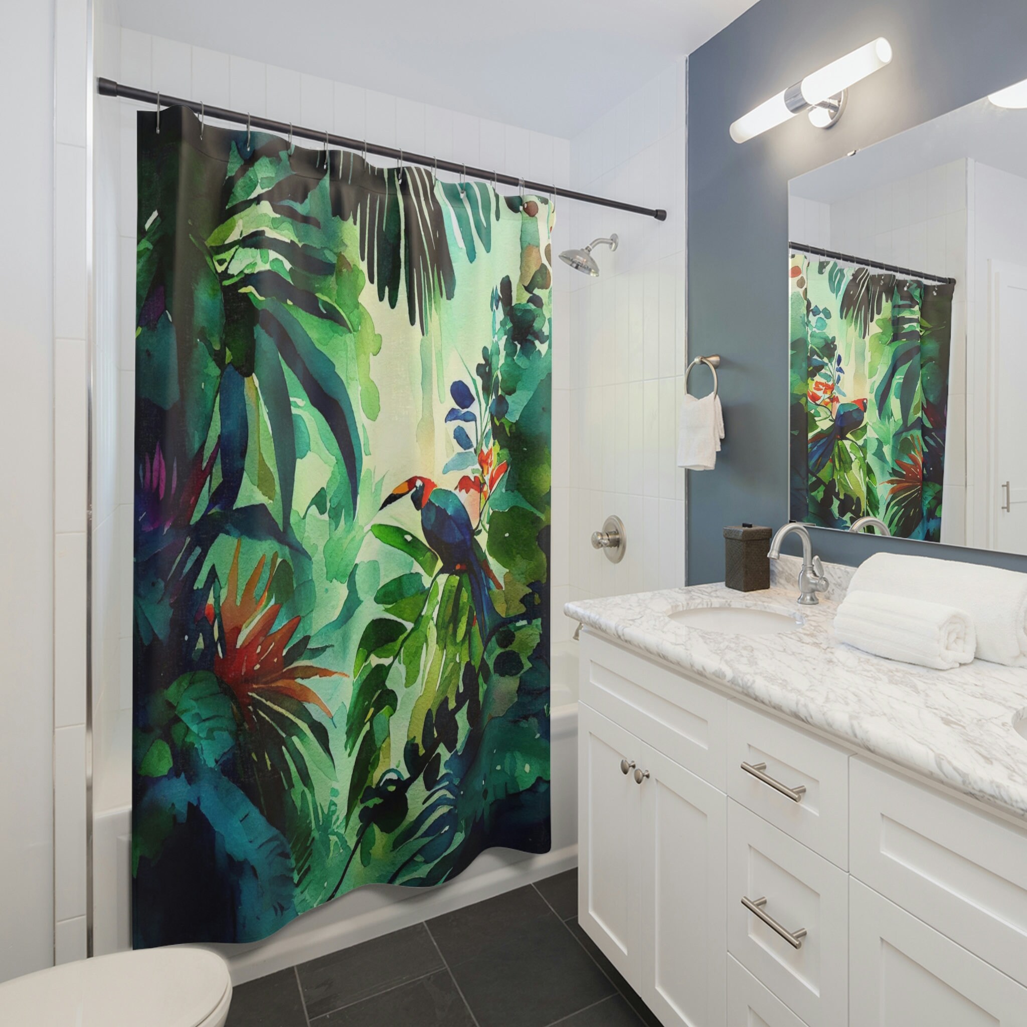 Watercolor Shower Curtain with Tropical Leaves for Artistic Bathroom Decor