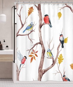 Watercolor Spring Tree Branch Shower Curtain With Lovely And Cute Birds And Branches - Waterproof Fabric