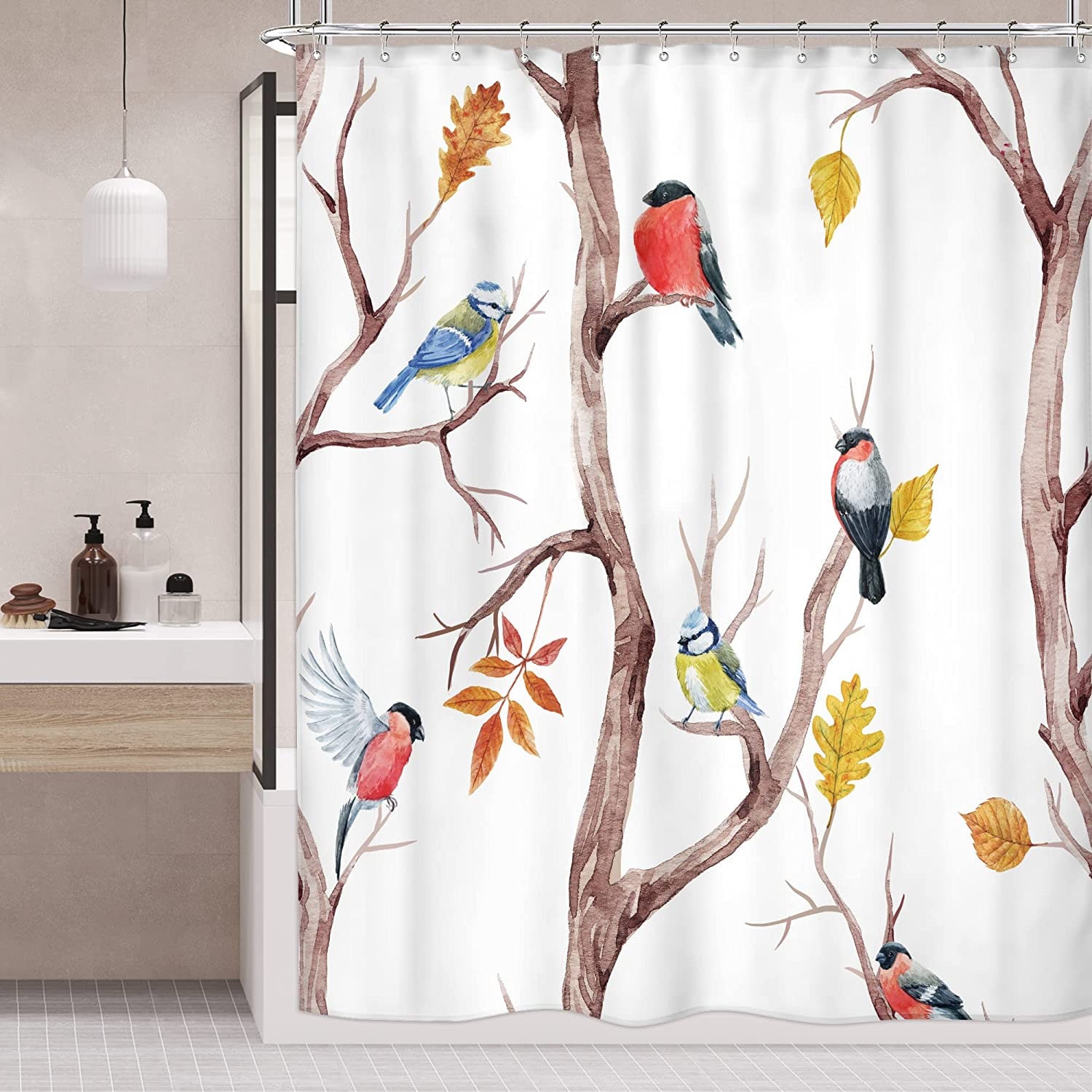 Watercolor Spring Tree Branch Shower Curtain With Lovely And Cute Birds And Branches - Waterproof Fabric