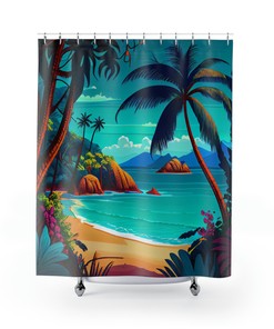 Watercolor Style Vibrant Beach Scene Shower Curtain for a Tropical Paradise Bathroom