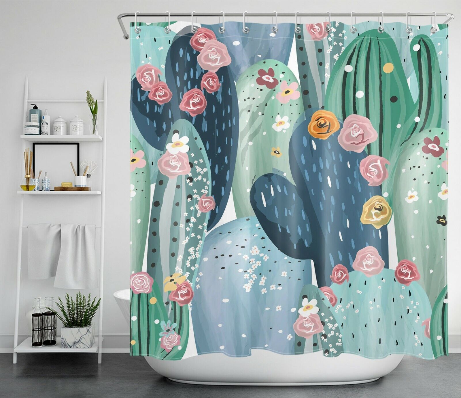 Watercolor Succulents and Tropical Plants Shower Curtain for a Relaxing Spa-Like Bathroom