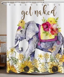 Watercolor Sunflower And Elephant Print Shower Curtain, Decorative Bathroom Accessory 