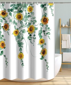 Watercolor Sunflower Eucalyptus Leaves Shower Curtain For Nature Inspired Bathroom Decor