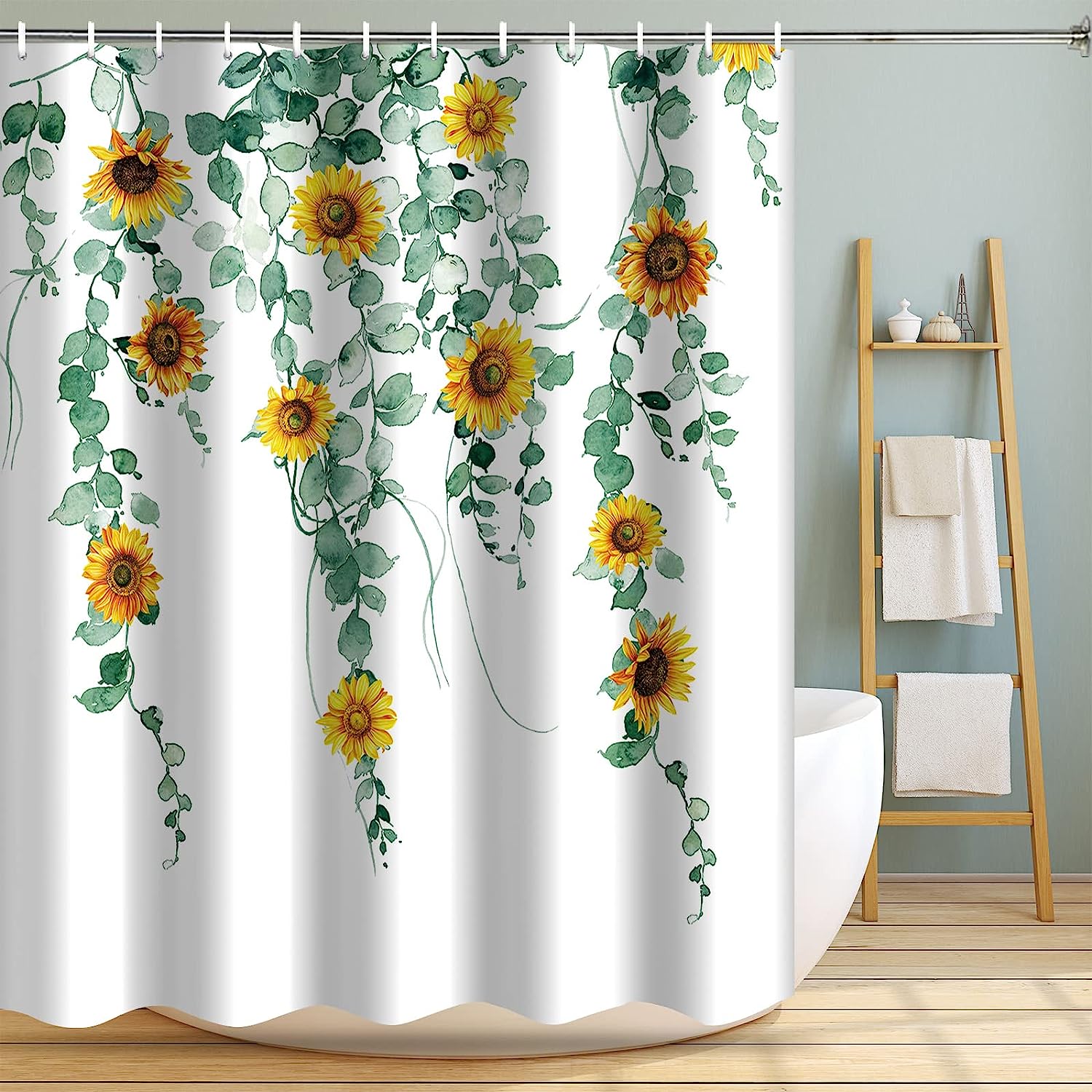 Watercolor Sunflower Eucalyptus Leaves Shower Curtain For Nature Inspired Bathroom Decor