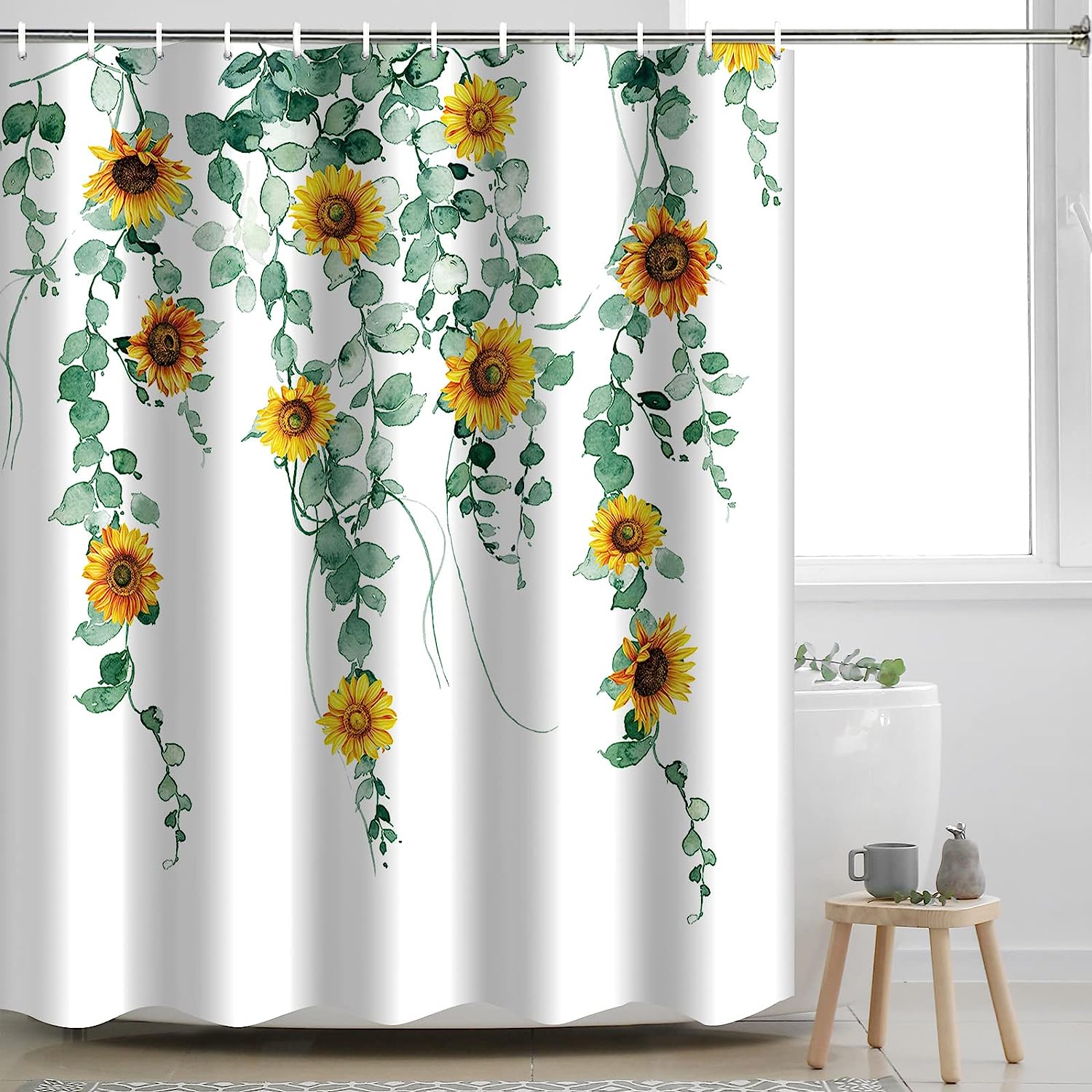 Watercolor Sunflower Eucalyptus Leaves Shower Curtain For Nature Inspired Bathroom Decor