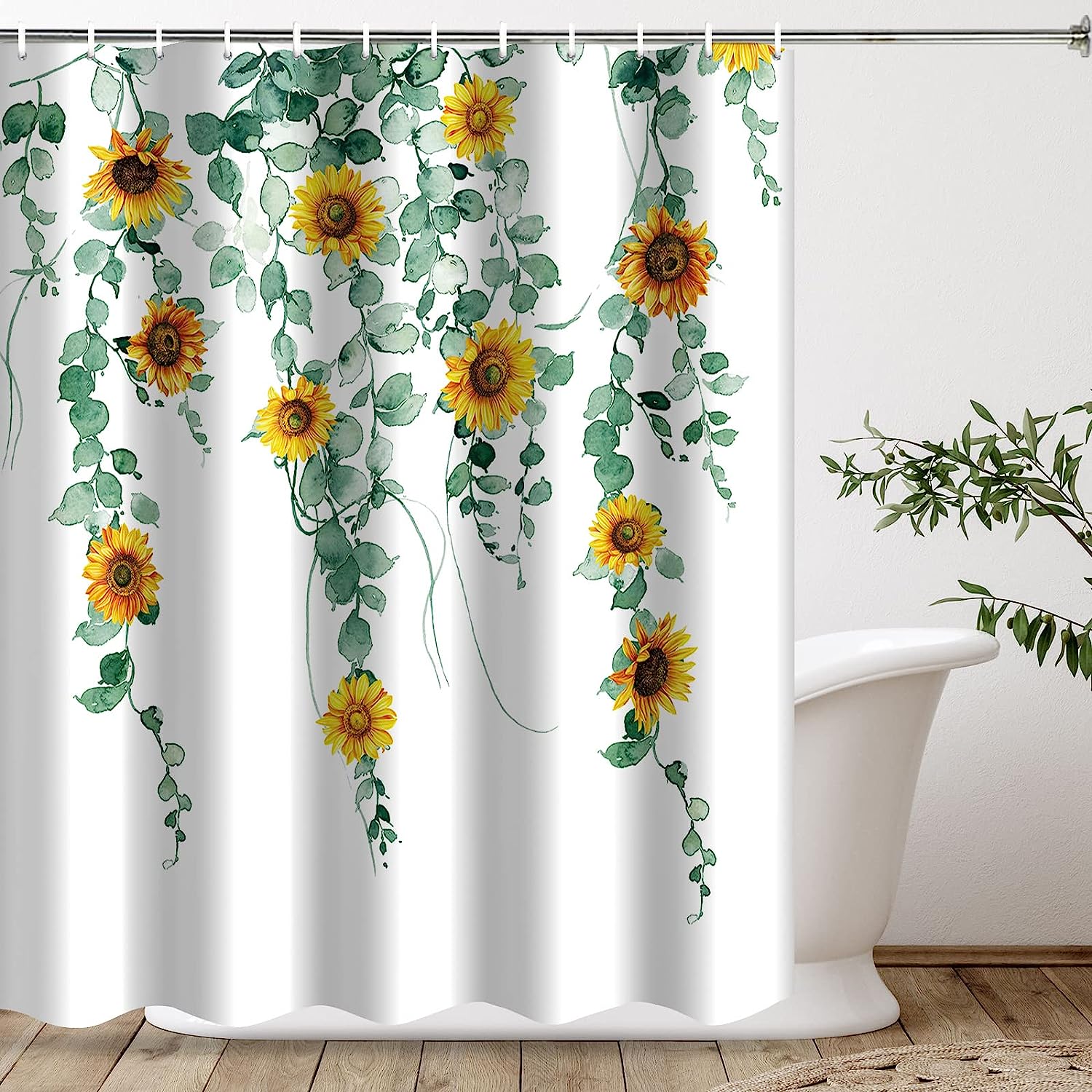 Watercolor Sunflower Eucalyptus Leaves Shower Curtain For Nature Inspired Bathroom Decor
