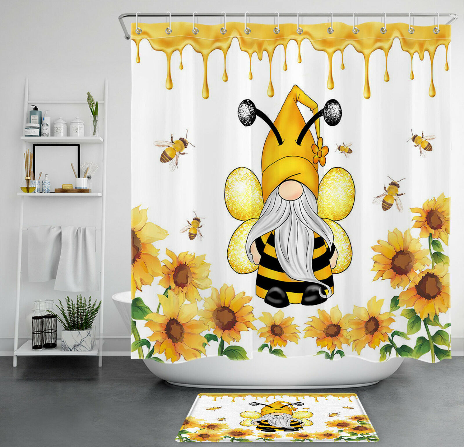 Watercolor Sunflower Farmhouse Bee Gnomes Shower Curtain Bathroom Decor