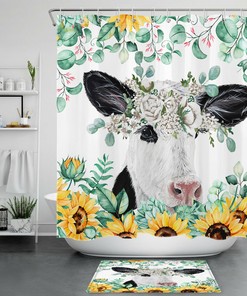 Watercolor Sunflower Green Leaves Shower Curtain - Funny Cow And Sunflower Bathroom Decor