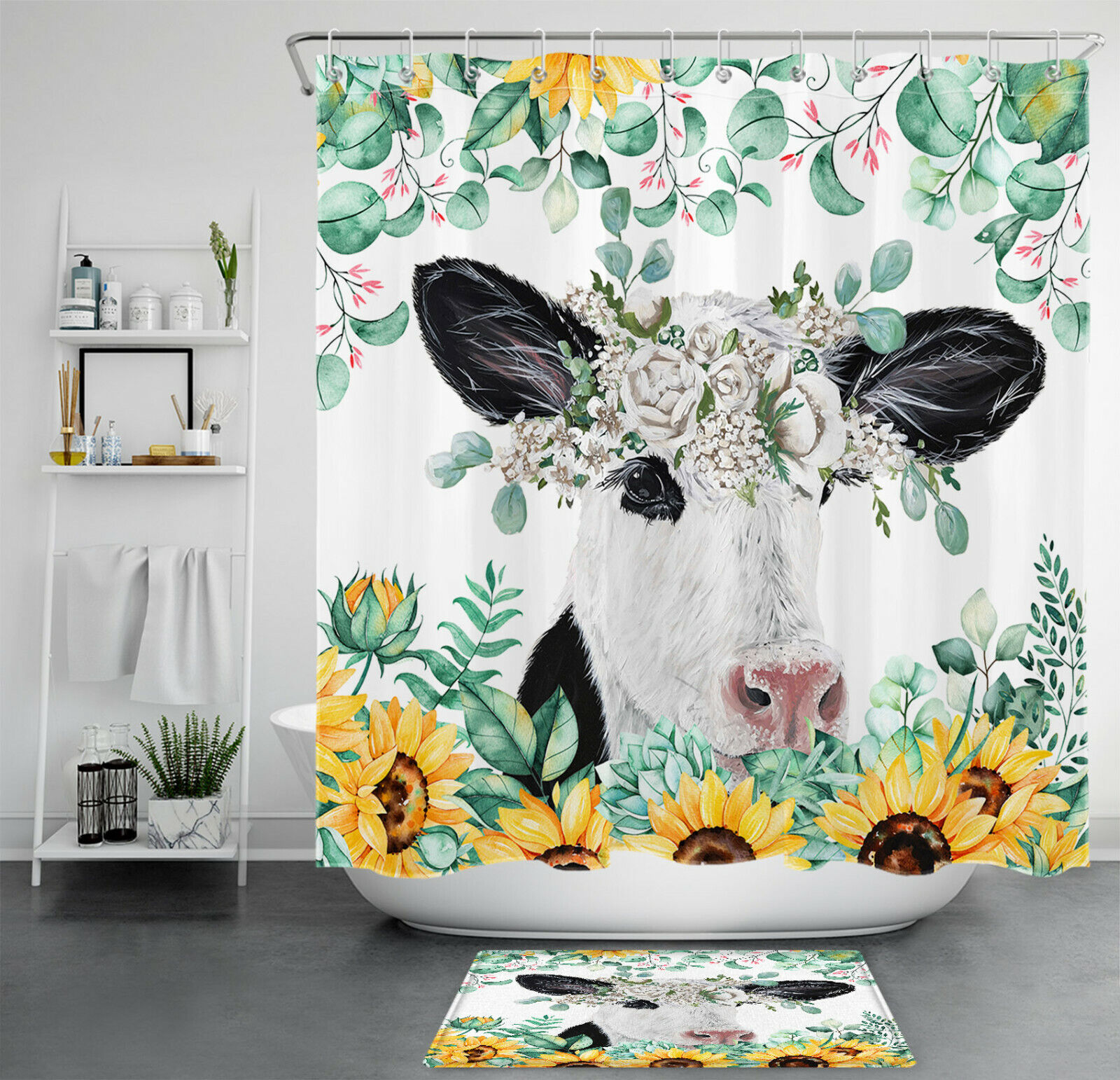 Watercolor Sunflower Green Leaves Shower Curtain - Funny Cow And Sunflower Bathroom Decor