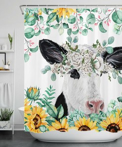 Watercolor Sunflower Green Leaves Shower Curtain - Funny Cow And Sunflower Bathroom Decor