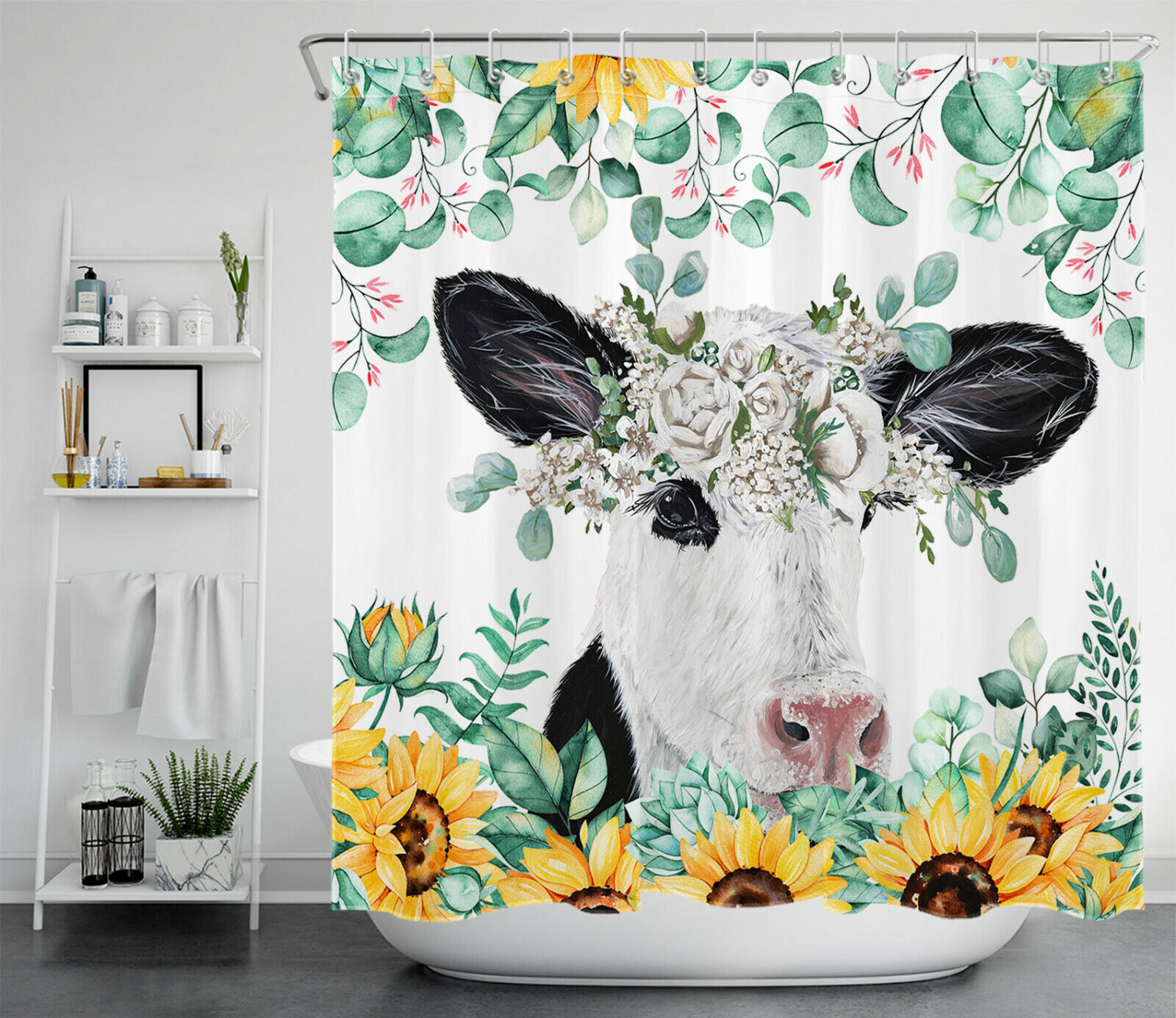 Watercolor Sunflower Green Leaves Shower Curtain - Funny Cow And Sunflower Bathroom Decor