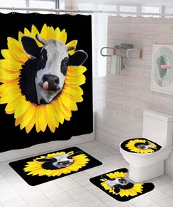 Watercolor Sunflower Set Shower Curtain - Funny Cow Waterproof Bathroom Decor For Farmhouse