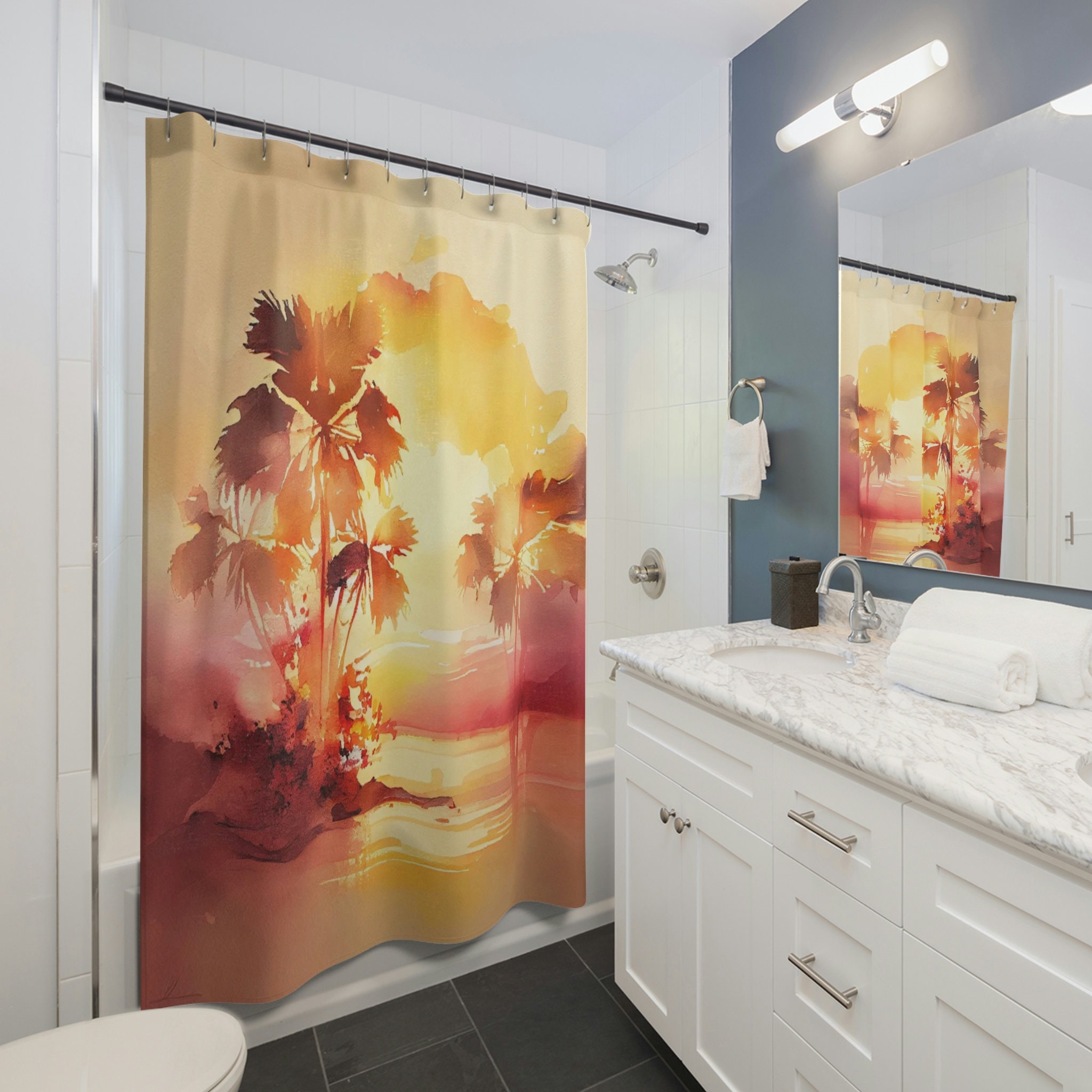Watercolor Sunset Dreams Shower Curtain, Perfect for a Relaxing Evening Bath