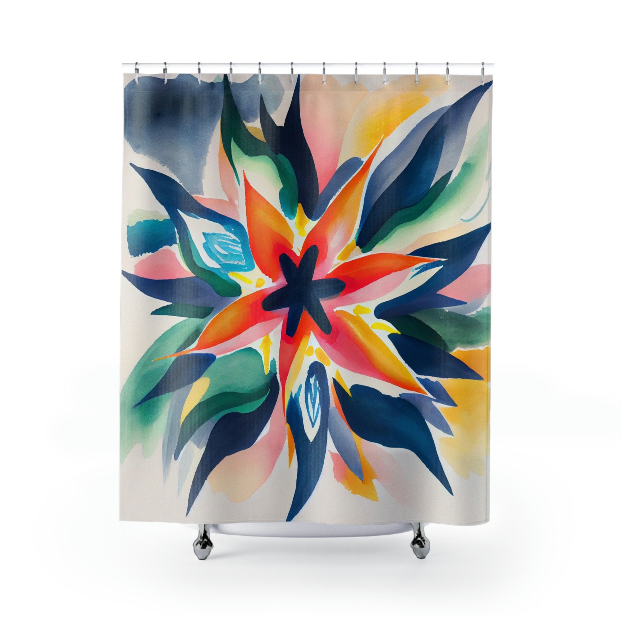 Watercolor Swirling Star Flower Print Shower Curtain for Bathroom Decor