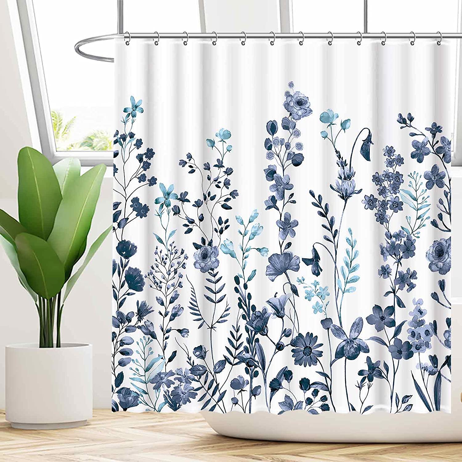 Watercolor Teal And Blue Bohemian Flower Print Shower Curtain For A Chic Bathroom