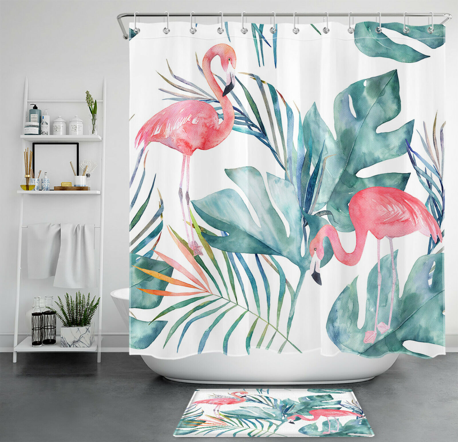 Watercolor Tropical Green Palm Banana Leaf Flamingo Shower Curtain For Summer Bathroom Decor