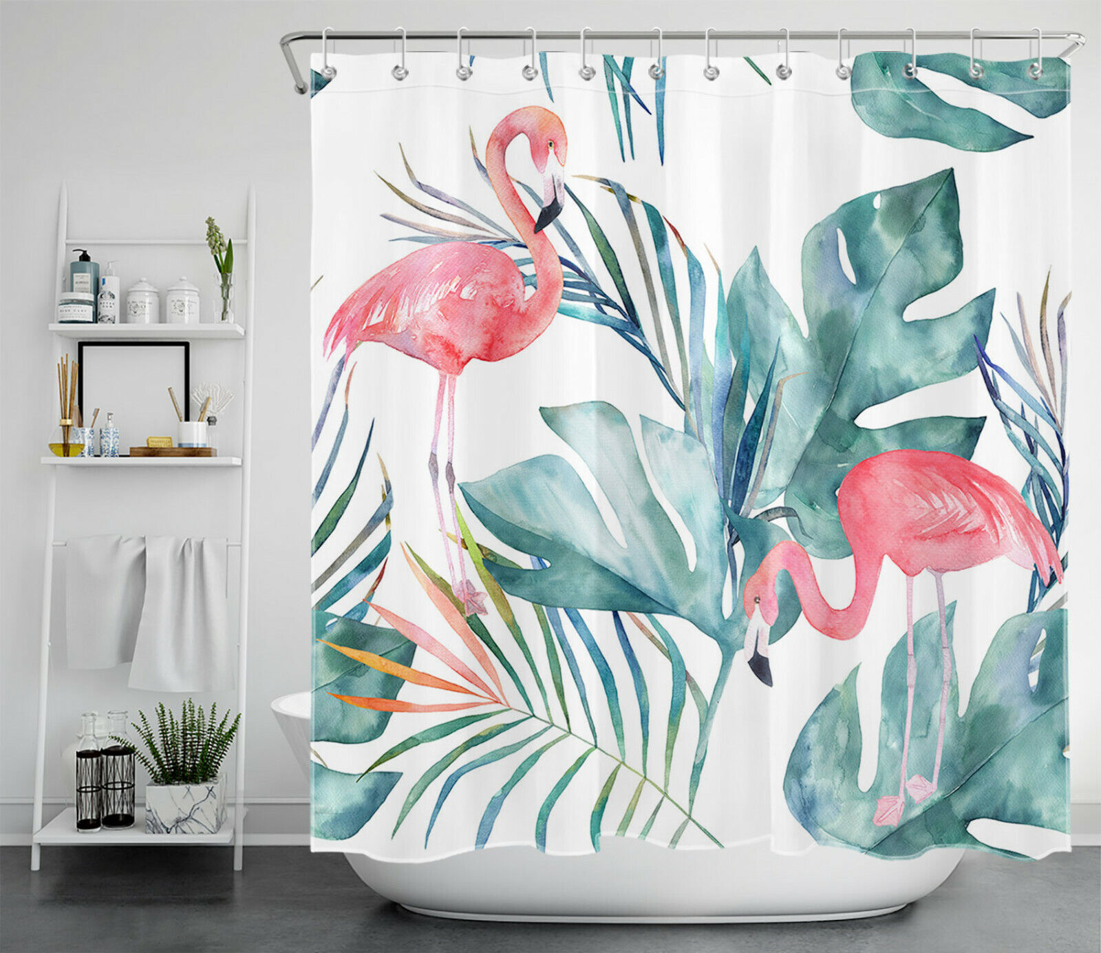 Watercolor Tropical Green Palm Banana Leaf Flamingo Shower Curtain For Summer Bathroom Decor
