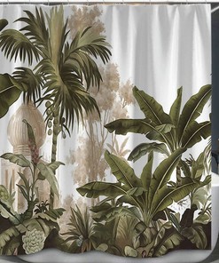 Watercolor Tropical Jungle Green Banana Leaves Shower Curtain, Custom Fabric Bathroom Decor