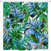 Watercolor Tropical Leaves Shower Curtain with Green and Blue Feathers