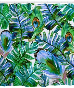 Watercolor Tropical Leaves Shower Curtain with Green and Blue Feathers
