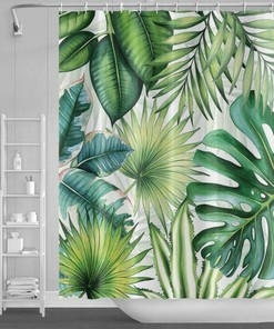 Watercolor Tropical Plant Leaves Green Leaf Shower Curtain, Fabric Bathroom Decor With Nature Print