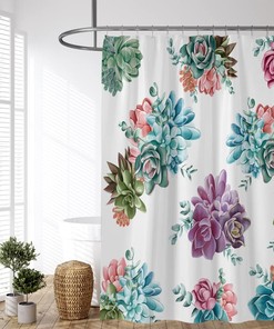 Watercolor Tropical Plant Shower Curtain with Floral Cactus Flower in Blue Green Purple Pink for Vibrant Bathroom Design