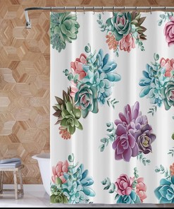 Watercolor Tropical Plant Shower Curtain with Floral Cactus Flower in Blue Green Purple Pink for Vibrant Bathroom Design