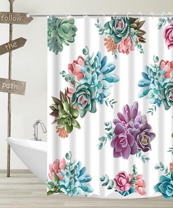 Watercolor Tropical Plant Shower Curtain with Floral Cactus Flower in Blue Green Purple Pink for Vibrant Bathroom Design