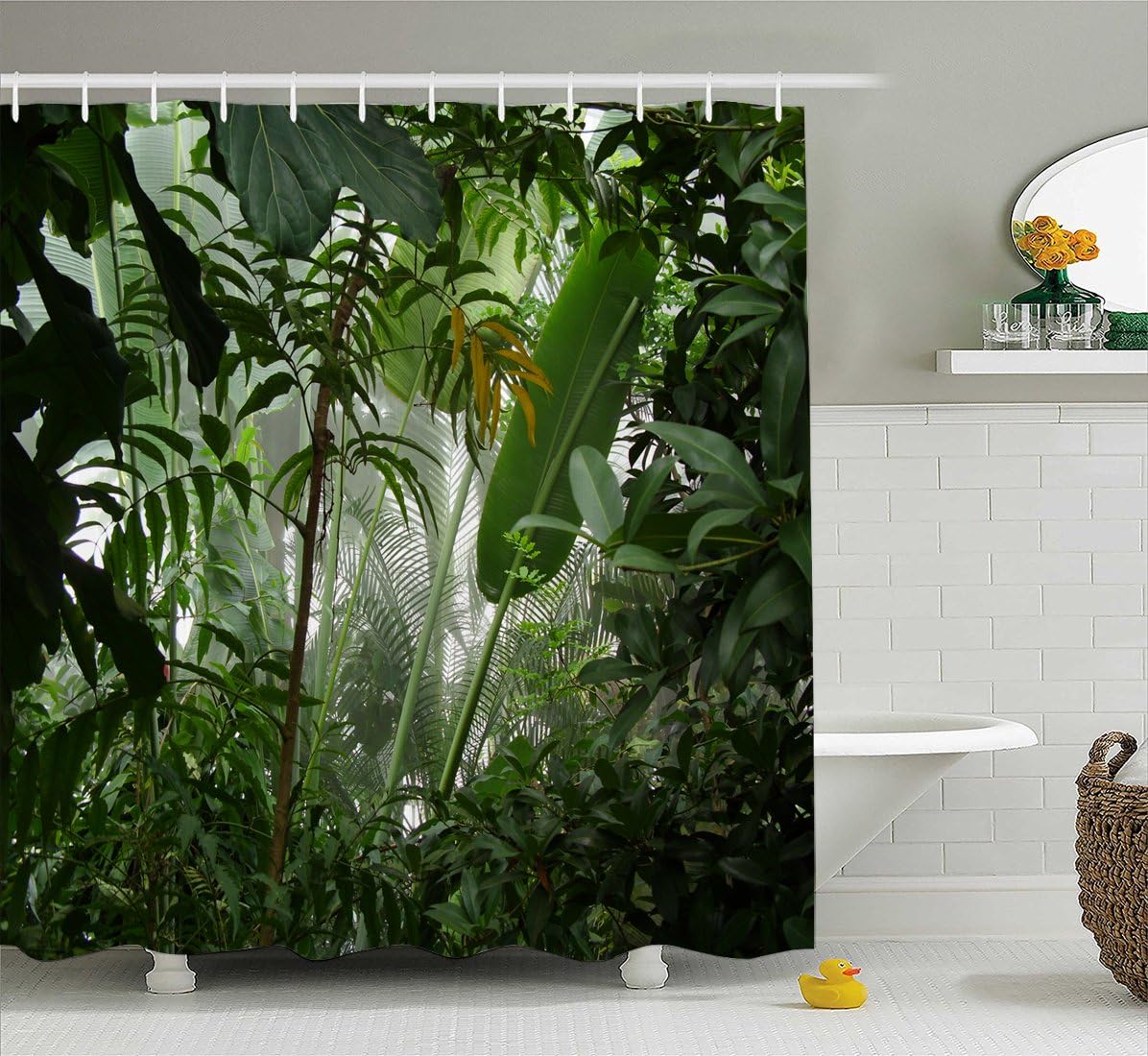 Watercolor Tropical Plants Jungle Green Banana Leaves Shower Curtain for Boho Bathroom Decor