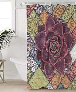Watercolor Tropical Succulent Mandala Pattern Shower Curtain for Bathroom Decor