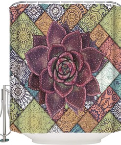 Watercolor Tropical Succulent Mandala Pattern Shower Curtain for Bathroom Decor