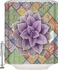 Watercolor Tropical Succulent Mandala Print Shower Curtain for Bathroom Decor