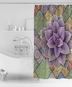 Watercolor Tropical Succulent Mandala Print Shower Curtain for Bathroom Decor