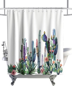Watercolor Tropical Succulents Shower Curtain with Cactus Plants and Flowers Design for Spring Summer Bathroom Decor