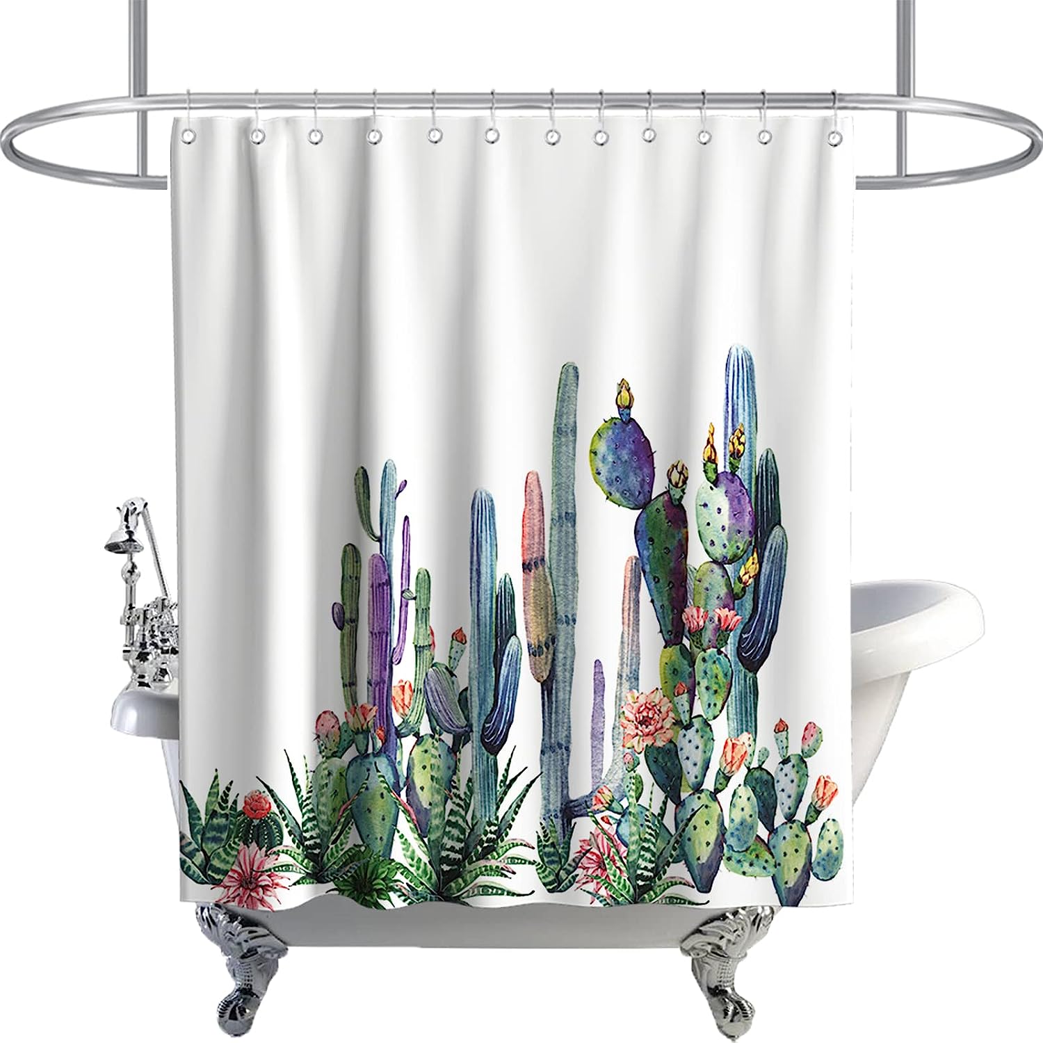 Watercolor Tropical Succulents Shower Curtain with Cactus Plants and Flowers Design for Spring Summer Bathroom Decor