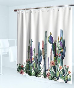 Watercolor Tropical Succulents Shower Curtain with Cactus Plants and Flowers Design for Spring Summer Bathroom Decor