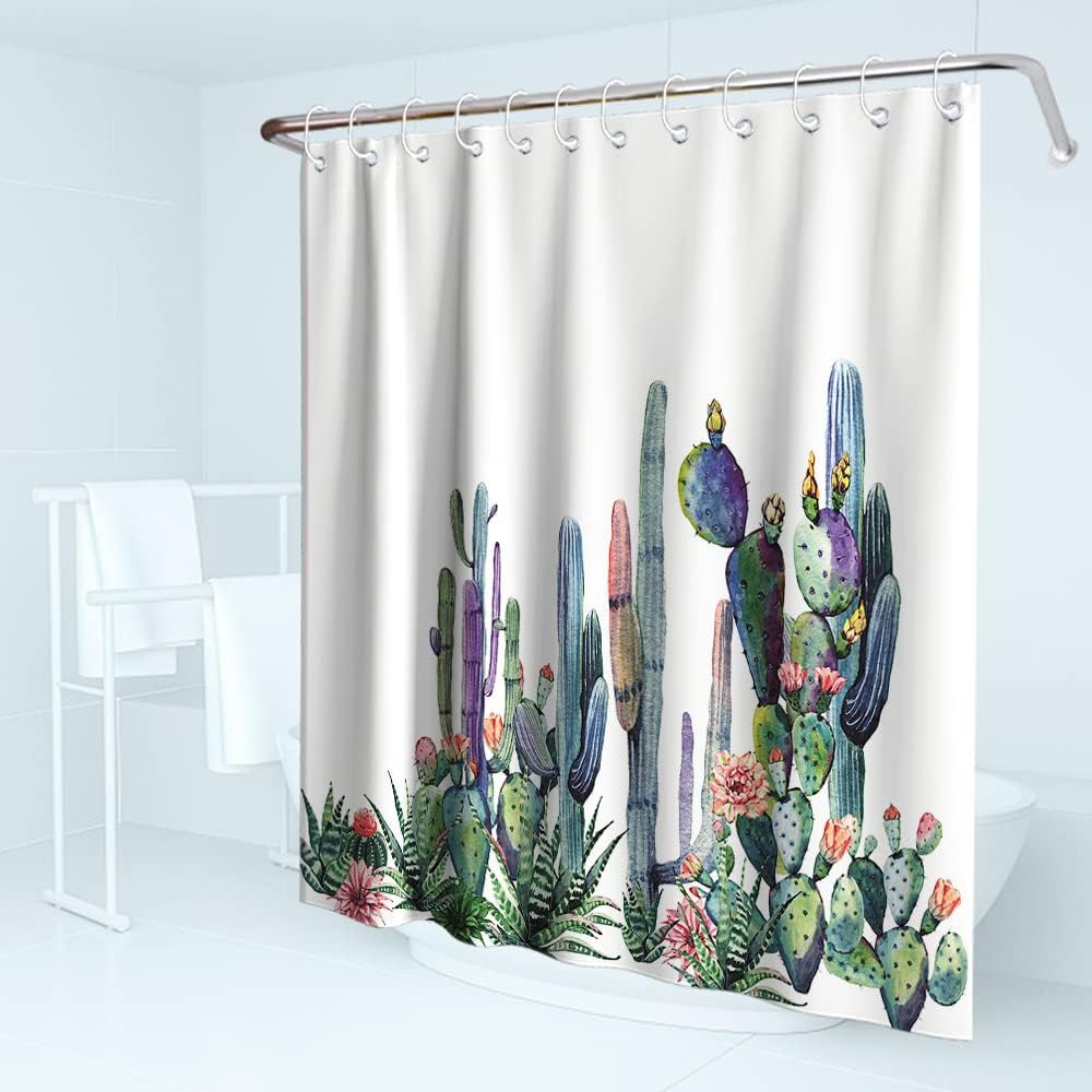 Watercolor Tropical Succulents Shower Curtain with Cactus Plants and Flowers Design for Spring Summer Bathroom Decor