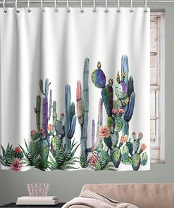 Watercolor Tropical Succulents Shower Curtain with Cactus Plants and Flowers Design for Spring Summer Bathroom Decor