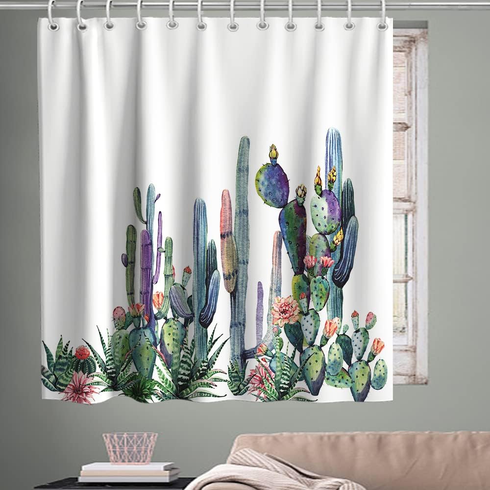 Watercolor Tropical Succulents Shower Curtain with Cactus Plants and Flowers Design for Spring Summer Bathroom Decor