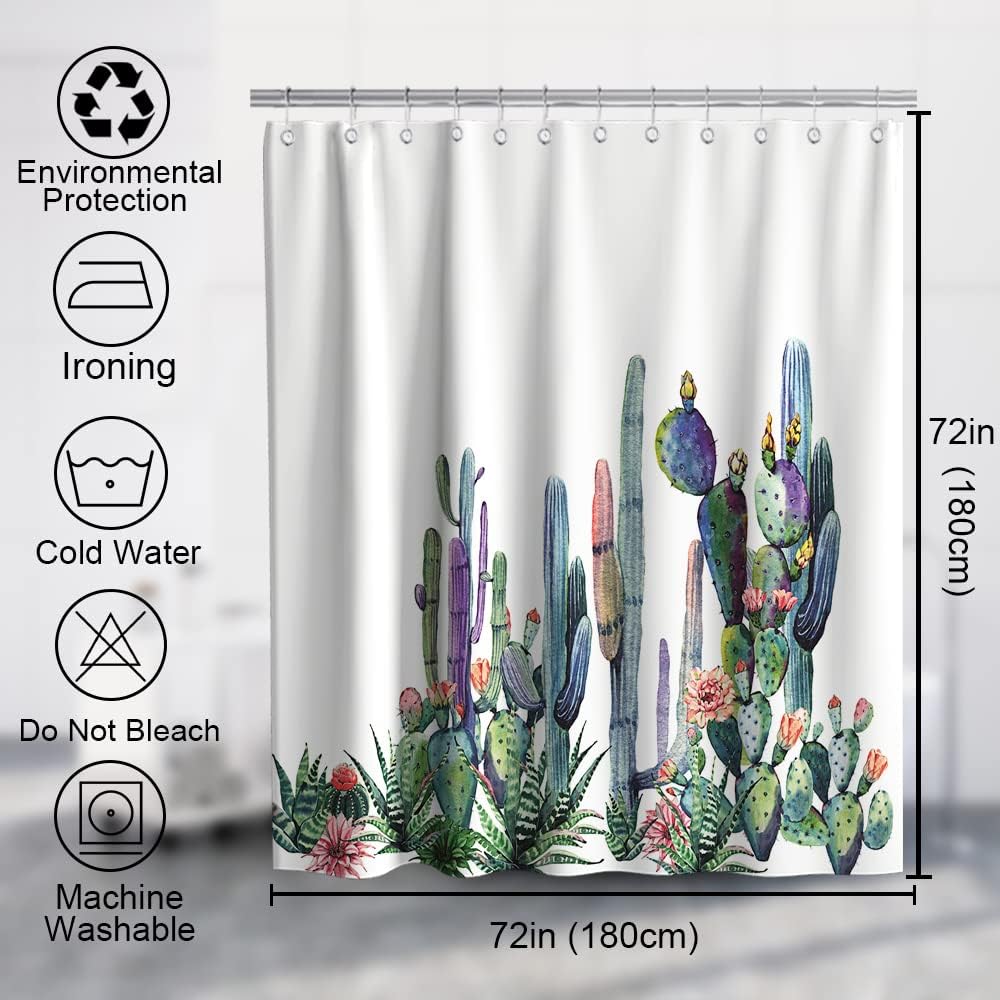 Watercolor Tropical Succulents Shower Curtain with Cactus Plants and Flowers Design for Spring Summer Bathroom Decor
