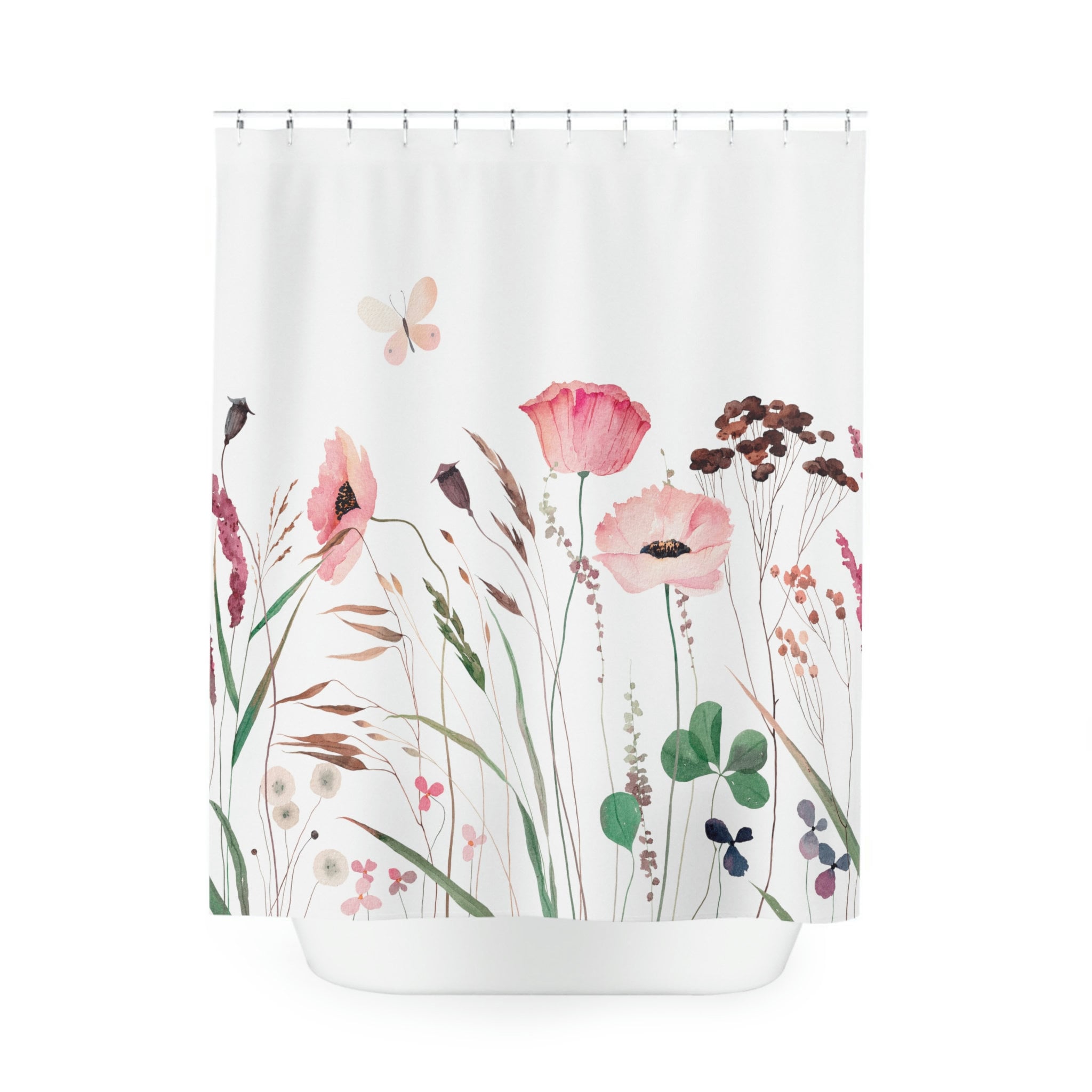 Watercolor Wild Flowers and Butterfly Shower Curtain, Durable and Charming Bathroom Accessory