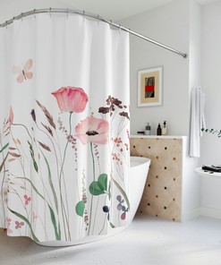 Watercolor Wild Flowers and Butterfly Shower Curtain, Durable and Charming Bathroom Accessory