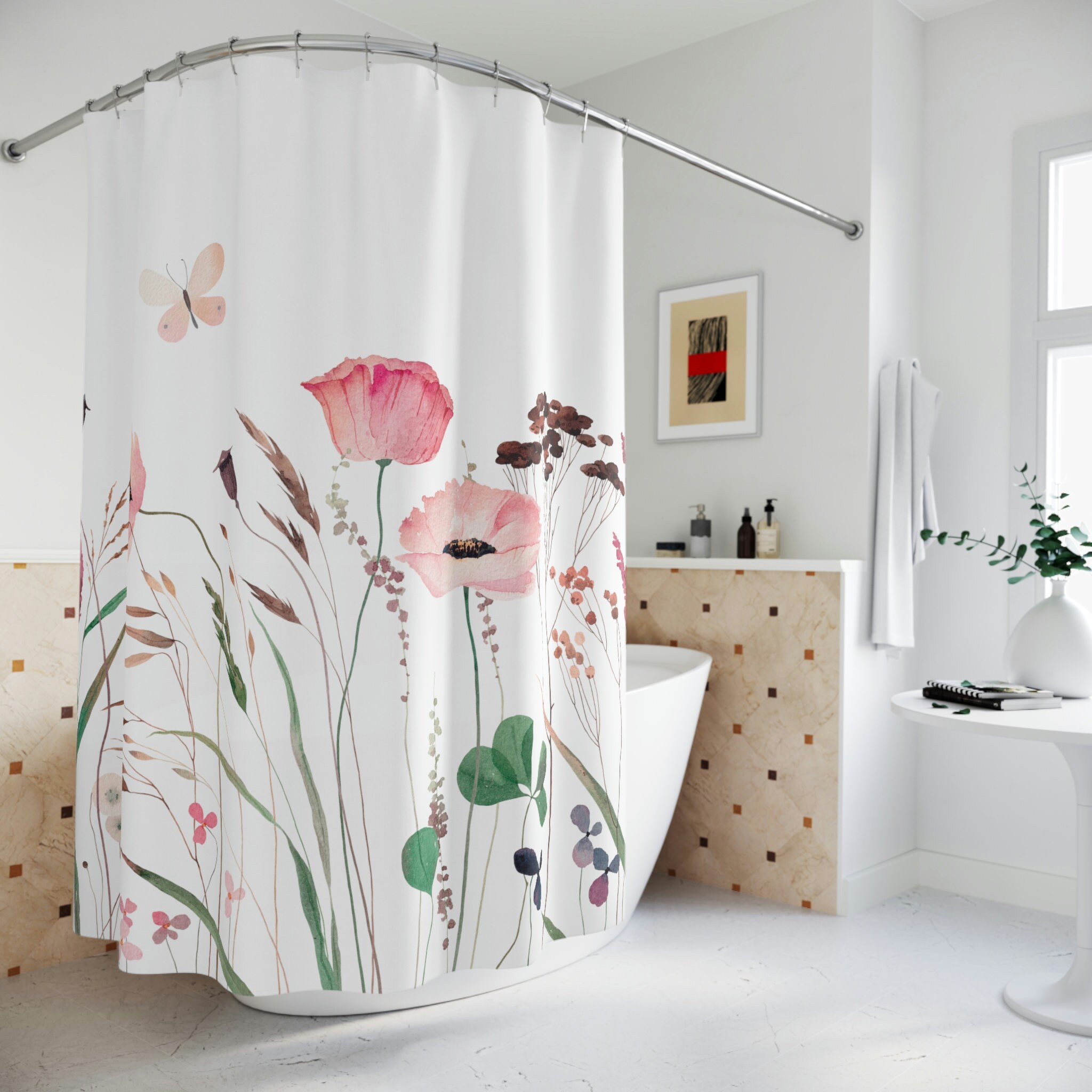 Watercolor Wild Flowers and Butterfly Shower Curtain, Durable and Charming Bathroom Accessory