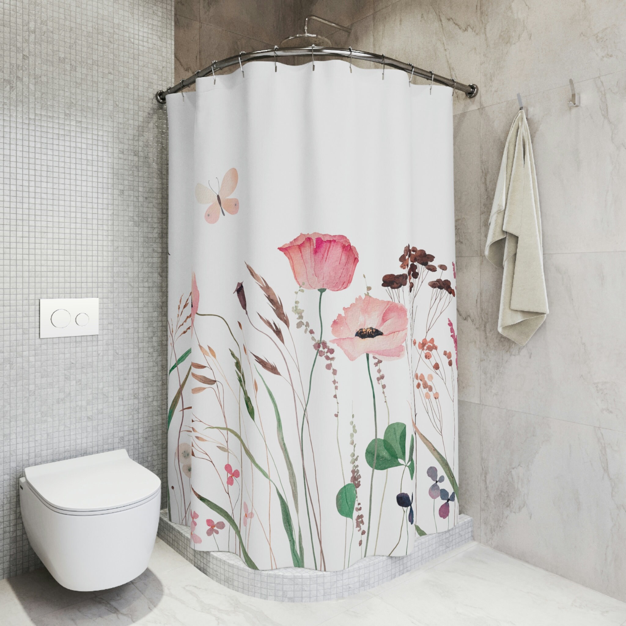 Watercolor Wild Flowers and Butterfly Shower Curtain, Durable and Charming Bathroom Accessory