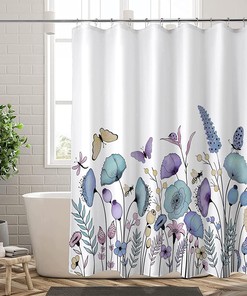 Watercolor Wildflower Bath Curtain With Blue Purple Floral Shower Curtain