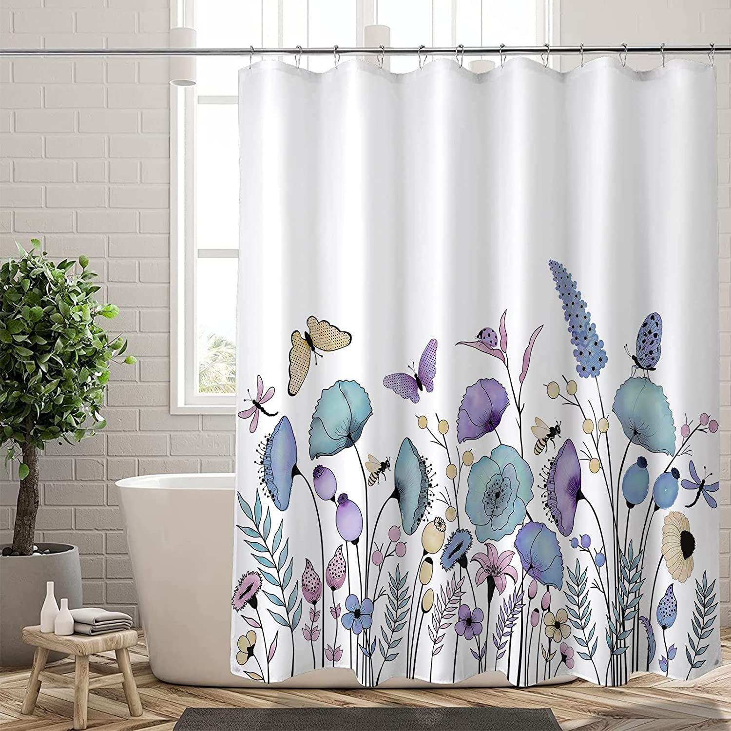 Watercolor Wildflower Bath Curtain With Blue Purple Floral Shower Curtain