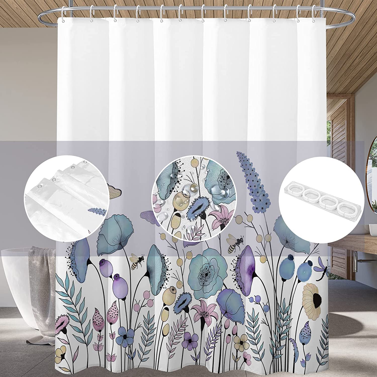Watercolor Wildflower Bath Curtain With Blue Purple Floral Shower Curtain - Image 2