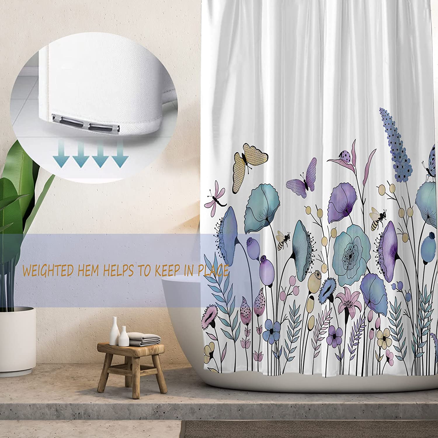 Watercolor Wildflower Bath Curtain With Blue Purple Floral Shower Curtain - Image 3