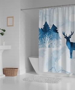 Watercolor Winter Landscape Trees Deer Restroom Shower Curtains, Waterproof Fabric