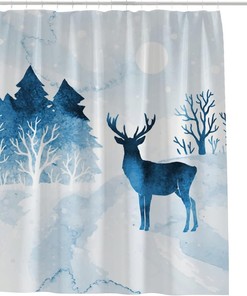 Watercolor Winter Landscape Trees Deer Restroom Shower Curtains, Waterproof Fabric
